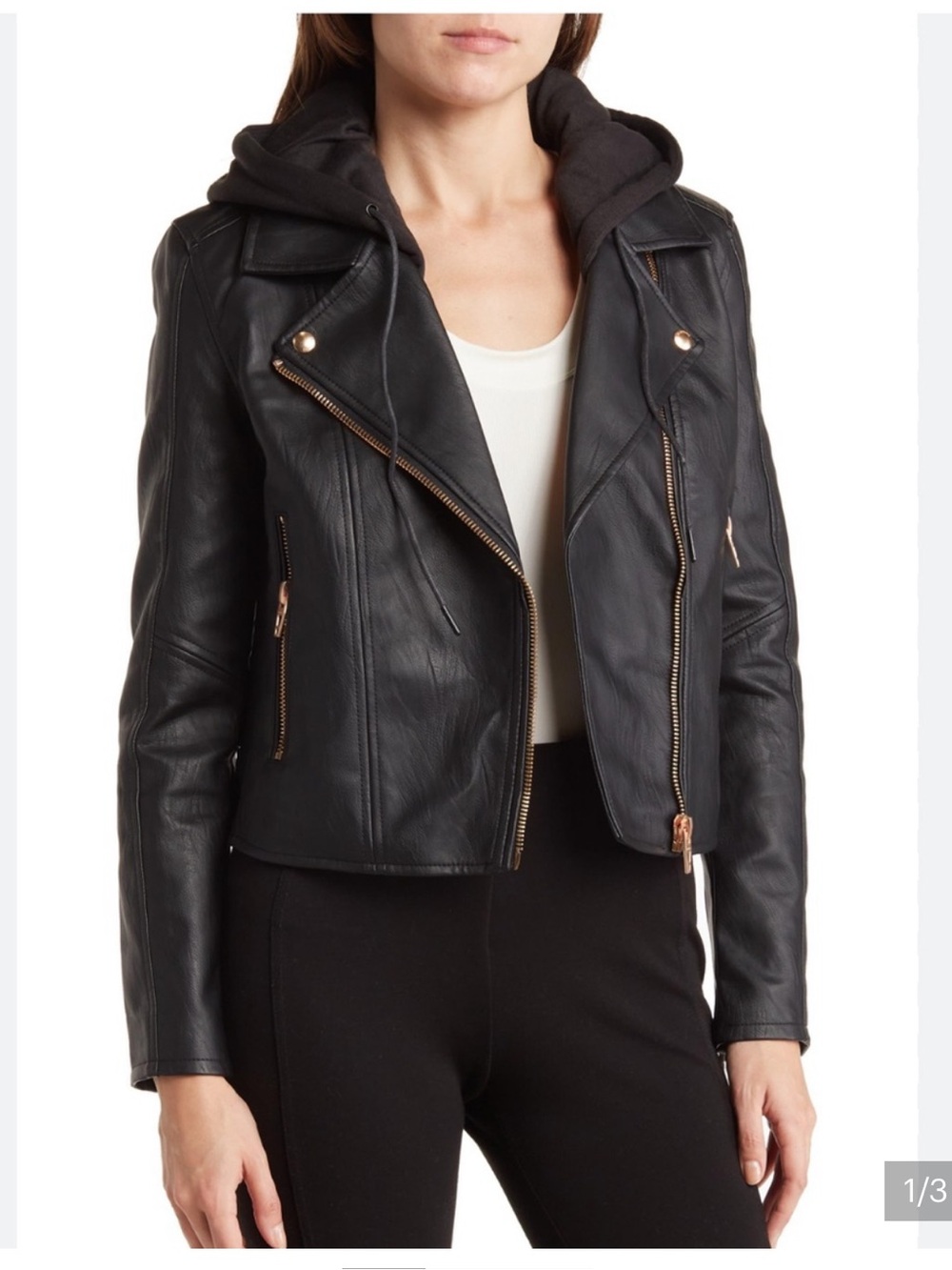 Blank NYC Black Faux Leather Moto Jacket with Removable Hood